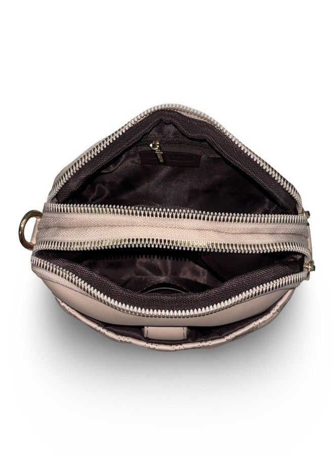 GLOSSY Quilted PU Sling Bag For Women, 2 Zip Compartments with Detachable Straps (Beige) - Image 4